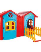 PILSAN Casuta dubla pentru copii Magic Twin House Blue cu garduletrealizata din plastic durabildimensiune 172 x 220 x 131 cm