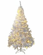Procart Brad alb artificial iluminat 195 cm 360 led-uri alb cald 936 ramuri dense suport metalic