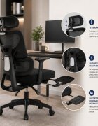 Procart Scaun ergonomic de birou cu suport picioare retractabil tetiera si suport lombar reglabile mesh negru