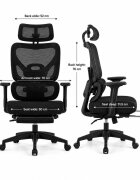 Procart Scaun ergonomic de birou cu suport picioare retractabil tetiera si suport lombar reglabile mesh negru