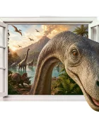 Promotional Print Sticker perete 3D Dinozaur prin geam autocolant textil Premium repozitionabil 60x45 cm