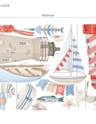 Promotional Print Stickere perete Colectie Nautica cu barci pentru camera copilului ancore si faruri autocolant textil premium repozitionabil set mediu
