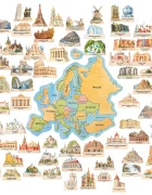 Promotional Print Stickere perete Harta Europei cu 67 de monumente pentru copii autocolant textil premium repozitionabil