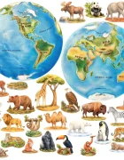 Promotional Print Stickere perete Harta lumii pentru copii glob pamantesc cu animale si continente autocolant textil premium repozitionabil