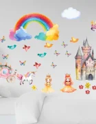 Promotional Print Stickere perete Printese pentru camera copilului Unicorn si Curcubeu set 30 stickere autocolant textil premium repozitionabil