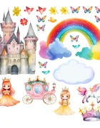 Promotional Print Stickere perete Printese pentru camera copilului Unicorn si Curcubeu set 30 stickere autocolant textil premium repozitionabil