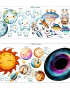 Promotional Print Stickere perete Spatiu pentru camera copilului Stele si Planete in acuarela autocolant textil premium repozitionabil set mare