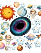 Promotional Print Stickere perete Spatiu pentru camera copilului Stele si Planete in acuarela autocolant textil premium repozitionabil set mare