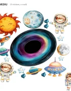 Promotional Print Stickere perete Spatiu pentru camera copilului Stele si Planete in acuarela autocolant textil premium repozitionabil set mediu