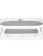Qmini Cadita de baie pliabila Foldy Pro Care AlbGri cu suport metalic si masuta de infasat termometru electronic dop si furtun pentru scurgere antiderapanta 80x49 cm