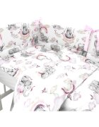 Qmini Lenjerie patut 3 piese cu protectie laterala 120x60 cm Elephants on Rainbow Pink