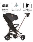 QPlay Tricicleta pentru copii Nova Rubber Gold Limited Edition ultrapliabila cu scaun rotativ pozitie de somn 2 suporturi de picioare roti din cauciuc copertina cu protectie UV si cadru de aluminiu anodizat in culoarea a