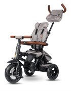 QPlay Tricicleta pentru copii Rito Deluxe gri pliabila cu scaun inalt matlasat ajustabil in 2 pozitii maner cu control al directiei frana dubla copertina XXL detalii de piele ecologica