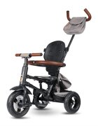 QPlay Tricicleta pentru copii Rito Deluxe gri pliabila cu scaun inalt matlasat ajustabil in 2 pozitii maner cu control al directiei frana dubla copertina XXL detalii de piele ecologica