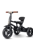 QPlay Tricicleta pentru copii Rito Deluxe gri pliabila cu scaun inalt matlasat ajustabil in 2 pozitii maner cu control al directiei frana dubla copertina XXL detalii de piele ecologica