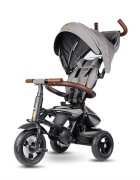 QPlay Tricicleta pentru copii Rito Deluxe gri pliabila cu scaun inalt matlasat ajustabil in 2 pozitii maner cu control al directiei frana dubla copertina XXL detalii de piele ecologica