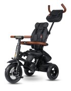 QPlay Tricicleta pentru copii Rito Deluxe negru pliabila cu scaun inalt matlasat ajustabil in 2 pozitii maner cu control al directiei frana dubla copertina XXL detalii de piele ecologica