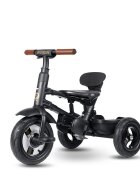 QPlay Tricicleta pentru copii Rito Deluxe negru pliabila cu scaun inalt matlasat ajustabil in 2 pozitii maner cu control al directiei frana dubla copertina XXL detalii de piele ecologica