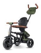 QPlay Tricicleta pentru copii Rito Deluxe verde-maslina pliabila cu scaun inalt matlasat ajustabil in 2 pozitii maner cu control al directiei frana dubla copertina XXL detalii de piele ecologica