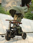 QPlay Tricicleta pentru copii Rito Deluxe verde-maslina pliabila cu scaun inalt matlasat ajustabil in 2 pozitii maner cu control al directiei frana dubla copertina XXL detalii de piele ecologica
