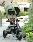 QPlay Tricicleta pentru copii Rito Deluxe verde-maslina pliabila cu scaun inalt matlasat ajustabil in 2 pozitii maner cu control al directiei frana dubla copertina XXL detalii de piele ecologica