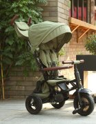 QPlay Tricicleta pentru copii Rito Deluxe verde-maslina pliabila cu scaun inalt matlasat ajustabil in 2 pozitii maner cu control al directiei frana dubla copertina XXL detalii de piele ecologica