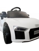 R-Sport Masinuta electrica pentru copii Audi R8 Alb 70W cu telecomanda si roti Eva cu suspensii slow start faruri si lumini Led unitate audio cu display si Mp3