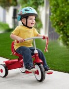 RADIO FLYER Tricicleta pentru copii Fold 2 Go Red pliabila cu scaun reglabil in inaltime in functie de varsta roti silentioase panglici decorative si compartiment pentru depozitare