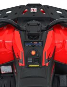 Ramiz Atv electric pentru copii Robust Red 4 motoare de 35W baterie de 12V7Ah telecomanda 2.4G cu 3 viteze roti spuma EVA scaun piele ecologica port USB MP3 radio FM Bluetooth Lumini LED pedala acceleratie