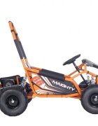 Ramiz Kart electric pentru copii Maighty Orange cu motor 1000W baterie 48V12Ah viteza maxima 30 kmh cu 3 moduri de viteza accesate la cheie frane hidraulice pe disc anvelope gonflabile cu suspensii si scaun reglabil