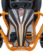Ramiz Kart electric pentru copii Maighty Orange cu motor 1000W baterie 48V12Ah viteza maxima 30 kmh cu 3 moduri de viteza accesate la cheie frane hidraulice pe disc anvelope gonflabile cu suspensii si scaun reglabil