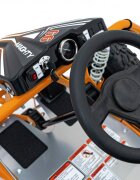 Ramiz Kart electric pentru copii Maighty Orange cu motor 1000W baterie 48V12Ah viteza maxima 30 kmh cu 3 moduri de viteza accesate la cheie frane hidraulice pe disc anvelope gonflabile cu suspensii si scaun reglabil