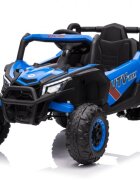 Ramiz Masinuta electrica pentru copii Buggy Madman UTV-MX Blue 4 motoare 35W baterie 12V10Ah telecomanda 2.4 GHz roti spuma EVA 24x10 cm sarcina maxima 30 kg scaun piele ecologica deschidere usi MP3 USB Bluetooth