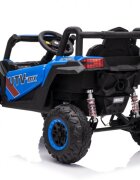 Ramiz Masinuta electrica pentru copii Buggy Madman UTV-MX Blue 4 motoare 35W baterie 12V10Ah telecomanda 2.4 GHz roti spuma EVA 24x10 cm sarcina maxima 30 kg scaun piele ecologica deschidere usi MP3 USB Bluetooth