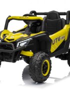Ramiz Masinuta electrica pentru copii Buggy Madman UTV-MX Yellow 4 motoare 35W baterie 12V10Ah telecomanda 2.4 GHz roti spuma EVA 24x10 cm sarcina maxima 30 kg scaun piele ecologica deschidere usi MP3 USB Bluetooth