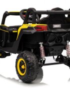 Ramiz Masinuta electrica pentru copii Buggy Madman UTV-MX Yellow 4 motoare 35W baterie 12V10Ah telecomanda 2.4 GHz roti spuma EVA 24x10 cm sarcina maxima 30 kg scaun piele ecologica deschidere usi MP3 USB Bluetooth