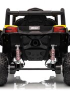 Ramiz Masinuta electrica pentru copii Buggy Madman UTV-MX Yellow 4 motoare 35W baterie 12V10Ah telecomanda 2.4 GHz roti spuma EVA 24x10 cm sarcina maxima 30 kg scaun piele ecologica deschidere usi MP3 USB Bluetooth