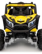 Ramiz Masinuta electrica pentru copii Buggy Madman UTV-MX Yellow 4 motoare 35W baterie 12V10Ah telecomanda 2.4 GHz roti spuma EVA 24x10 cm sarcina maxima 30 kg scaun piele ecologica deschidere usi MP3 USB Bluetooth
