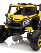 Ramiz Masinuta electrica pentru copii Buggy Madman UTV-MX Yellow 4 motoare 35W baterie 12V10Ah telecomanda 2.4 GHz roti spuma EVA 24x10 cm sarcina maxima 30 kg scaun piele ecologica deschidere usi MP3 USB Bluetooth