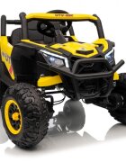 Ramiz Masinuta electrica pentru copii Buggy Madman UTV-MX Yellow 4 motoare 35W baterie 12V10Ah telecomanda 2.4 GHz roti spuma EVA 24x10 cm sarcina maxima 30 kg scaun piele ecologica deschidere usi MP3 USB Bluetooth