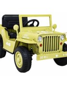 Ramiz Masinuta electrica pentru copii Military Retro 4x4 bej 140W cu telecomanda suspensii lumini scaun piele si roti din spuma Eva
