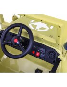 Ramiz Masinuta electrica pentru copii Military Retro 4x4 bej 140W cu telecomanda suspensii lumini scaun piele si roti din spuma Eva