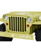 Ramiz Masinuta electrica pentru copii Military Retro 4x4 bej 140W cu telecomanda suspensii lumini scaun piele si roti din spuma Eva