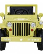 Ramiz Masinuta electrica pentru copii Military Retro 4x4 bej 140W cu telecomanda suspensii lumini scaun piele si roti din spuma Eva