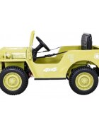 Ramiz Masinuta electrica pentru copii Military Retro 4x4 bej 140W cu telecomanda suspensii lumini scaun piele si roti din spuma Eva