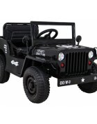Ramiz Masinuta electrica pentru copii Military Retro 4x4 negru 140W cu telecomanda suspensii lumini scaun piele si roti din spuma Eva