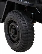 Ramiz Masinuta electrica pentru copii Military Retro 4x4 negru 140W cu telecomanda suspensii lumini scaun piele si roti din spuma Eva