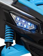 Ramiz Masinuta electrica pentru copii SR SUPER 66 Blue 4 motoare de 75W baterie 24V7Ah 3 viteze telecomanda 2.4 GHz scaun dublu din piele ecologica radio FM MP3 Bluetooth port USB lumini LED deschidere usi