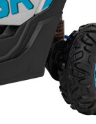 Ramiz Masinuta electrica pentru copii SR SUPER 66 Blue 4 motoare de 75W baterie 24V7Ah 3 viteze telecomanda 2.4 GHz scaun dublu din piele ecologica radio FM MP3 Bluetooth port USB lumini LED deschidere usi