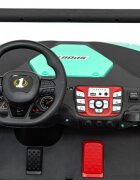 Ramiz UTV electric pentru 2 copii Faster 4x4 cu 2 motoare 150W baterie 24V10Ah telecomanda 2.4 GHz roti din spuma EVA suspensii pornire la buton lumini LED frontale cu MP3 USB Radio Bluetooth pana la 59 kg